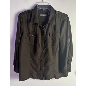 Liz Claiborne Linen Button Up Brown Sz L Top Roll Tab Sleeves